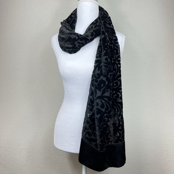 Whimsigoth Black Velvet Burnout Satin Long Shawl Wrap Scarf Evening Occasion - Picture 2 of 7